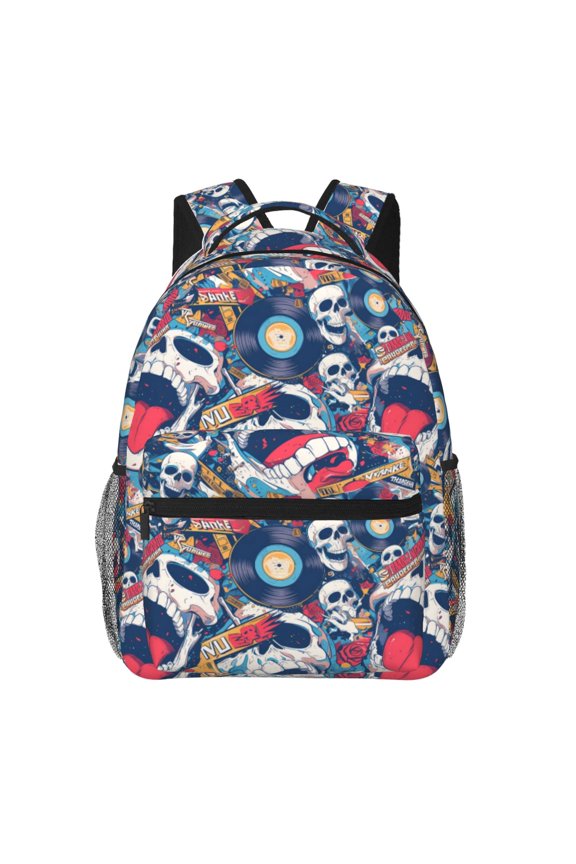 cool rock Skull Print Casual Student Backpack, Adjustable Shoulder Straps Multi-Function Multi-Pocket Sports Bag Travel Backpack, Unisex-One Size