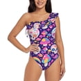 thumbnail image 1 of Zufioo cute rainbow mushroom Skull Print One-shoulder Ruffled One-piece Swimsuit, High Elastic Integrated Removable Chest Pad Swimsuit Suitable for Beach, Pool and Vacation-Medium, 1 of 6
