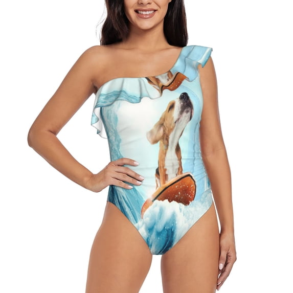 Zufioo dog surfing on surfboard Print One-shoulder Ruffled One-piece Swimsuit, High Elastic Integrated Removable Chest Pad Swimsuit Suitable for Beach, Pool and Vacation-Medium