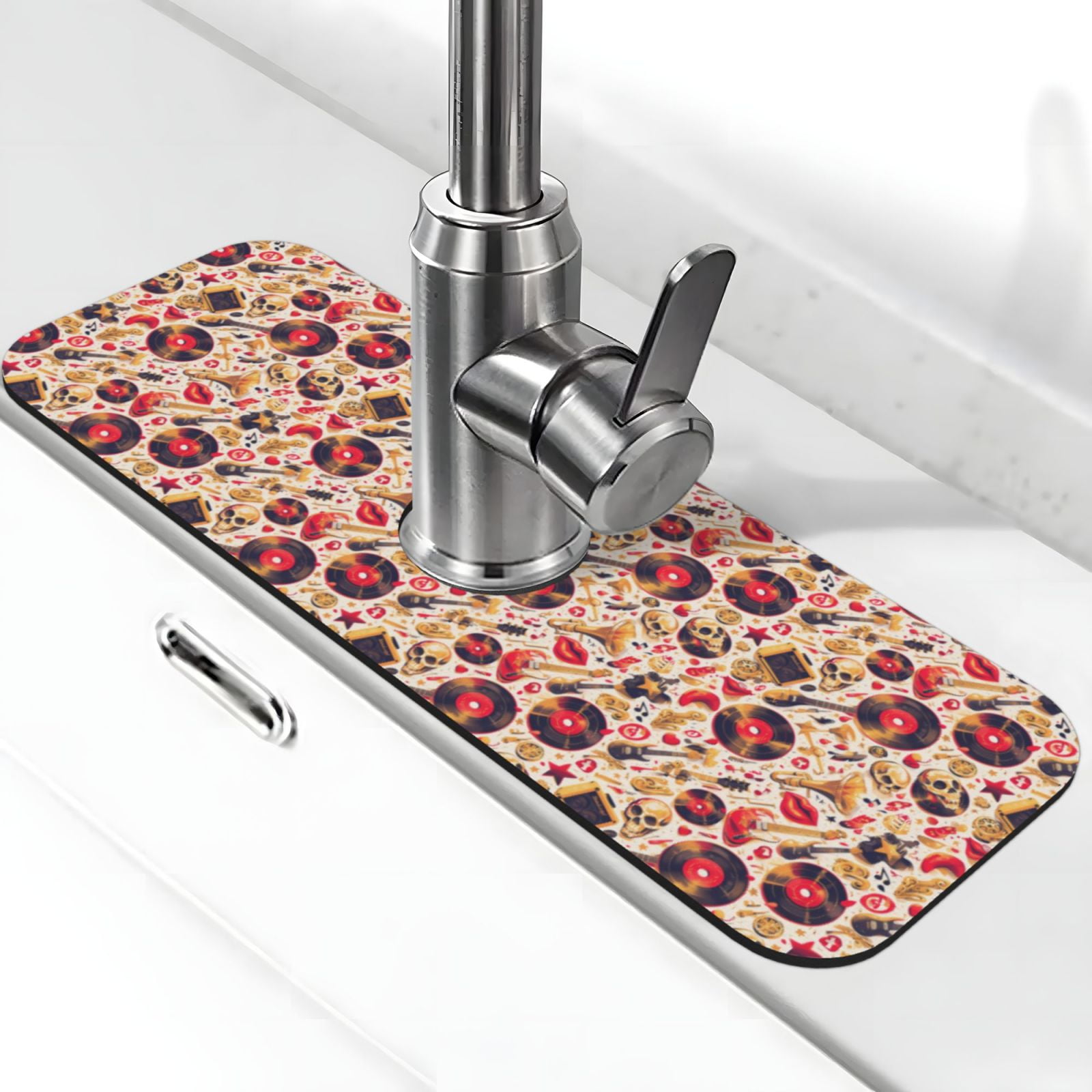 Zufioo gold Skull Guitar record Kitchen Sink Splash Guard, Faucet Mat