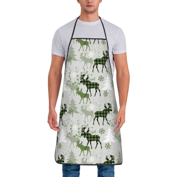 Zufioo green plaid Moose tree Print Tie-up Apron, Unisex Kitchen Apron - Oil-proof, Stain-proof and Waterproof, Suitable for Restaurants and Service Industries-One Size