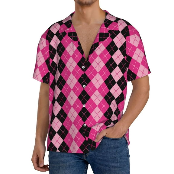 Zufioo pink and black argyle Mens Button Down Short Sleeve Shirt,Classic Plaid Shirt,Mens Accessories Fashion Tops-Small