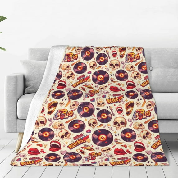 Zufioo rock music Skull record Fleece Blanket Queen Size,Plush Bed Blanket,Ultra Soft Throw Blanket,Plush Fuzzy Cozy Blanket Perfect for Bed,Couch-50"x40"