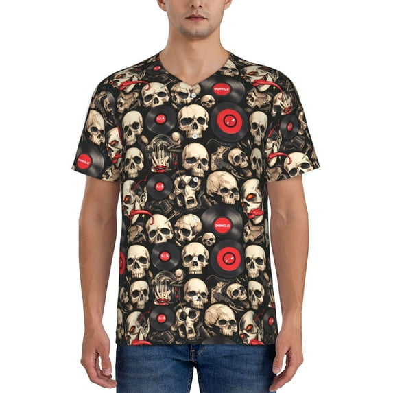 Zufioo rock record Skull Print Men's Baseball Short Sleeve, Moisture Wicking Button-Down Hip Hop Tee-3X-Large