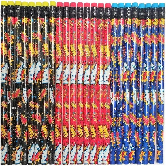 Zugar Land Assorted Superhero Pencils (Pack of 24) Super Hero 7.5 inches (1 Pack - 24 Pencils) Colorful - Blue, Red and Black. Pow! Bam! Whack!