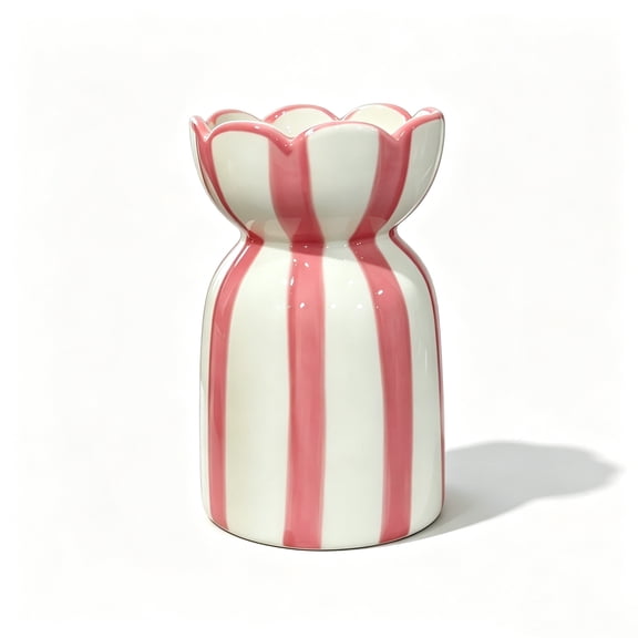 Zuholou Ruffled Bag‑Shaped Candy Striped Ceramic Vase, Decorative Tabletop Home Accent Vase for Fresh Dried Flowers