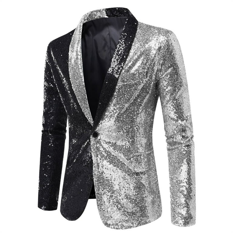 Zuhui Fall Sequin Jacket for Men Fashion Trend Comfortable Color Paired Sequins Party Suit Coat Top Silver Walmart