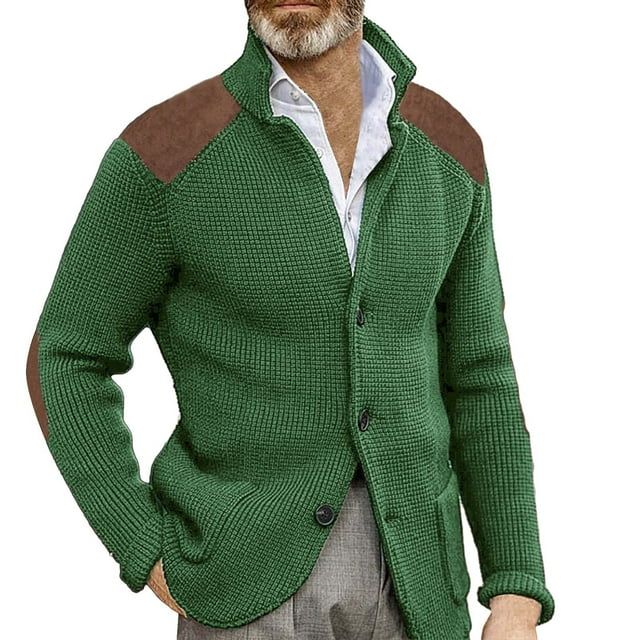 Zuhui Winter Sweaters for Men Casual Button Cuff Shoulder Patch Slim Warm Sweater Cardigan JacketLapel Long Sleeve Knit Jacket Green
