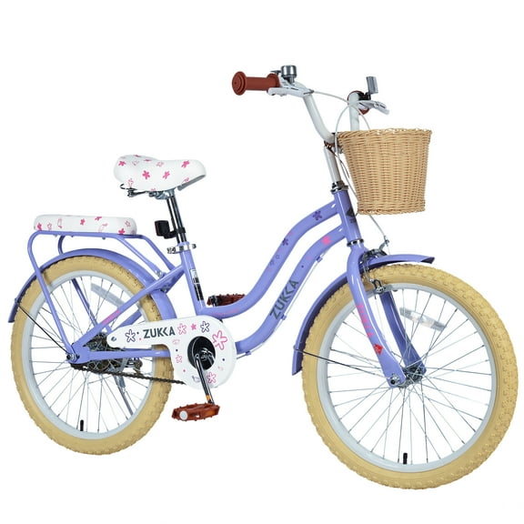 Zukka 20 inch Kids Bike with Woven Basket Rear Rack Single Speed Cruiser for Girls 7-10 Purple Blue