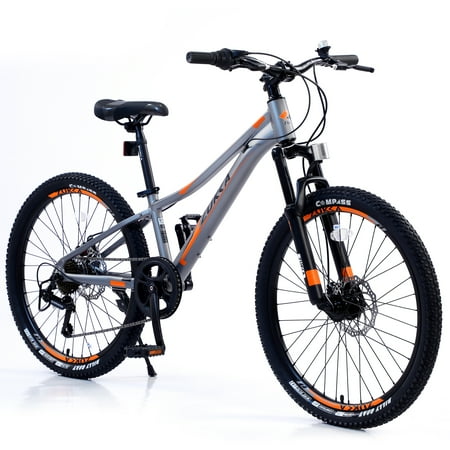 Zukka 24” Mountain Bike Aluminum Alloy Frame 7 Speed Silver Bicycle for Unisex Students