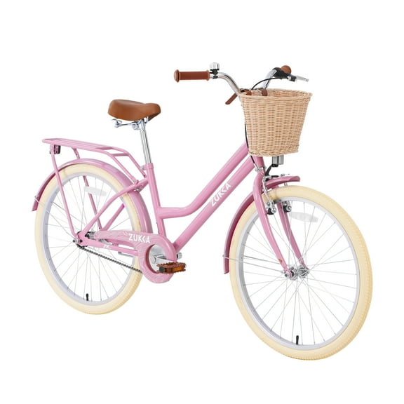 Zukka 24 inch Cruiser Bike V Brake for Women Lady City Commuter Bicycle with Woven Basket Light Pink
