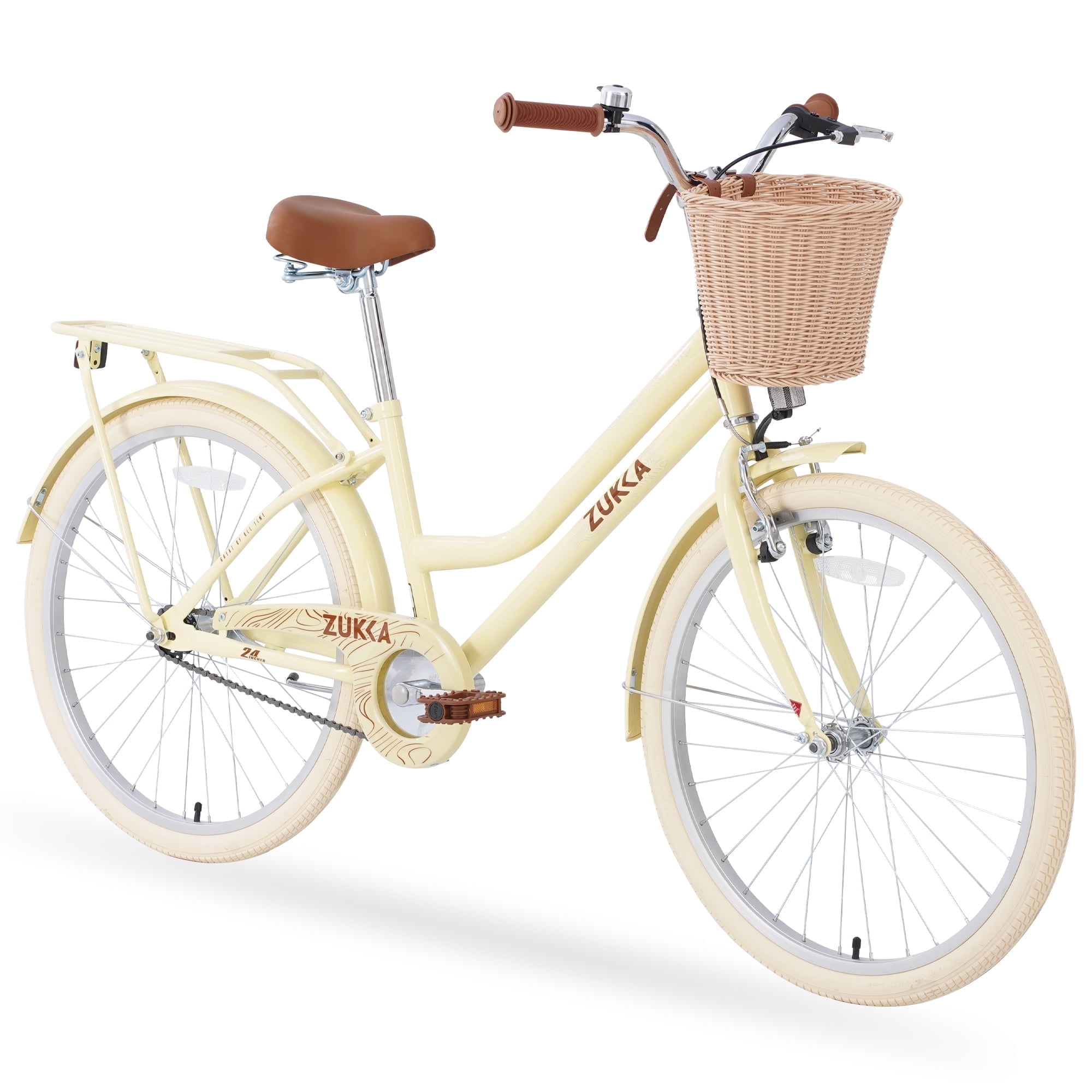 Zukka 24 inch Cruiser Bike V Brake for Women Lady City Commuter Bicycle with Woven Basket Yellow