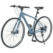 Zukka 700C Hybrid Bike Aluminum Alloy Frame Flat Handlebar 7 Speed Dual Disc Brake for Adult Unisex Blue
