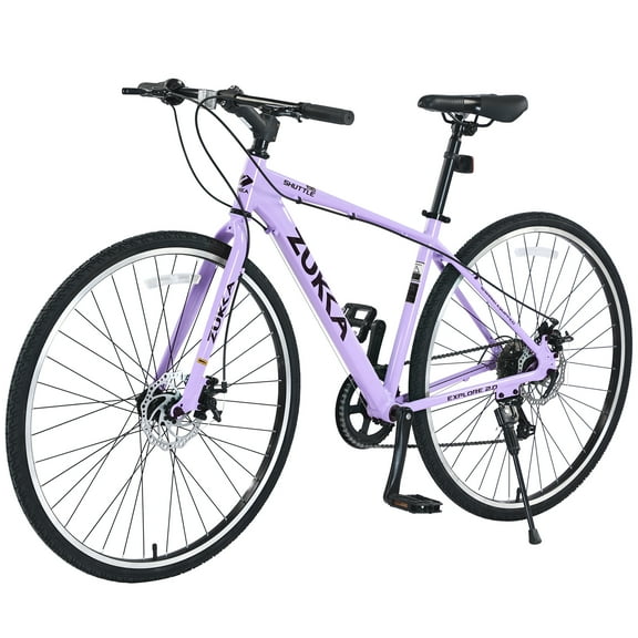 Zukka 700C Hybrid Bike Aluminum Alloy Frame Flat Handlebar 7 Speed Dual Disc Brake for Adult Unisex Purple