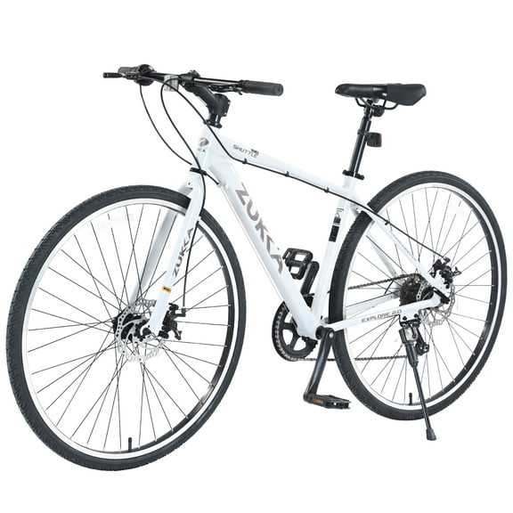 Zukka 700C Hybrid Bike Aluminum Alloy Frame Flat Handlebar 7 Speed Dual Disc Brake for Adult Unisex White