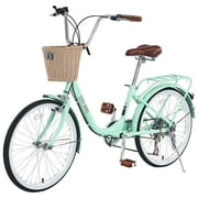 Zukka City Bike 22 inch Cruiser Bicycle 7 Speed with Woven Basket for Lady Women Blue