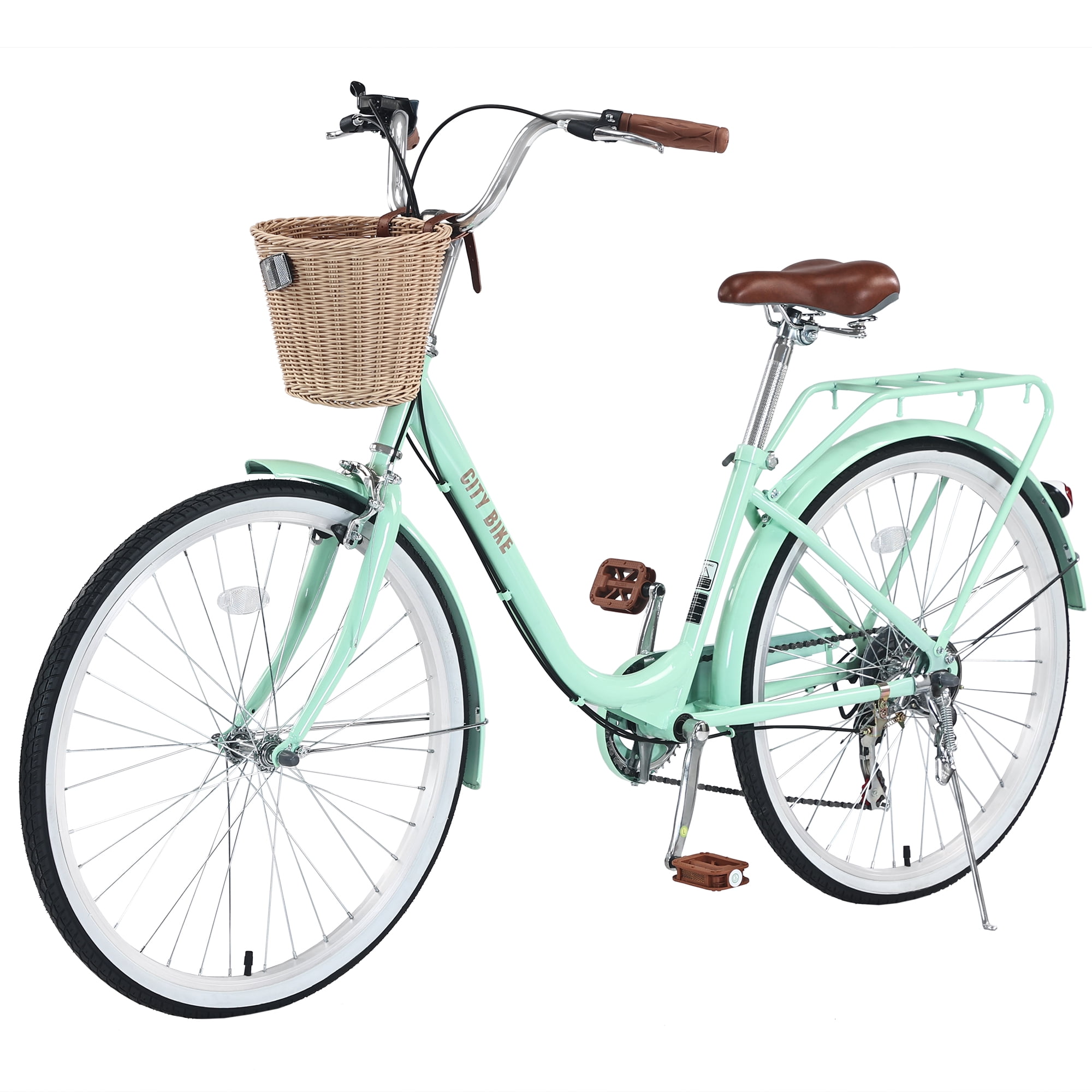 Zukka City Bike 26 inch Cruiser Bicycle 7 Speed with Woven Basket for Lady Women Green
