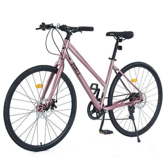 Zukka Hybrid Bicycle Road Bike for Women Aluminum Alloy Rim 700C Steel Frame 7 Speed Rosy Pink