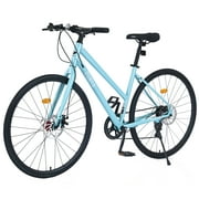 Zukka Hybrid Bicycle Road Bike for Women Girl Aluminum Alloy 700C 7 Speed Light Blue City Bike