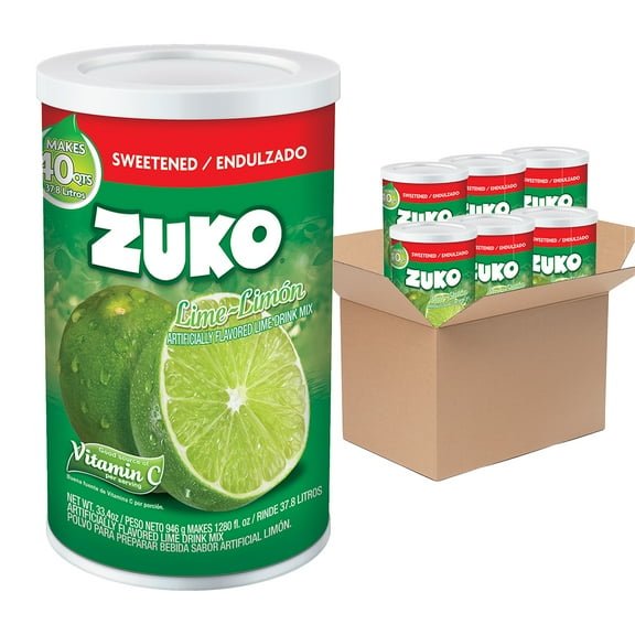Zuko Lime Instant Powder Drink, Canister, No Sugar Needed, 33.4 oz (Pack of 6)