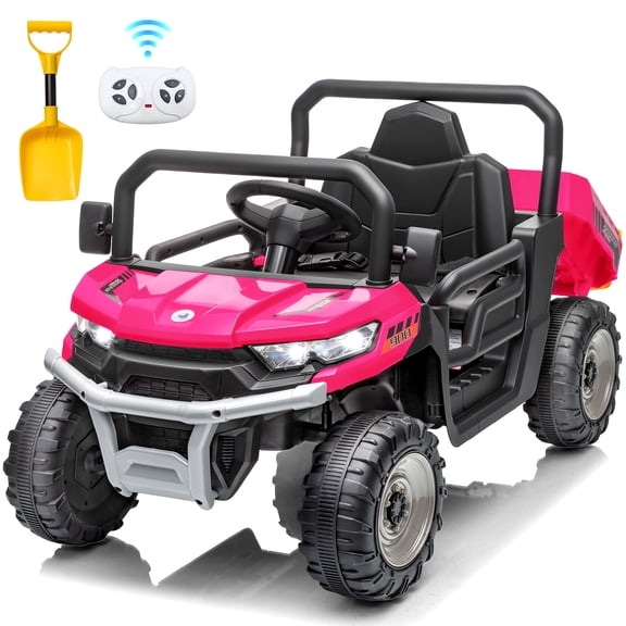 Zukpow 12V Ride on Toys with Remote, Ride on Dump Truck for Kids, Electric Power Car Wheels w/ Dump Bed & Shovel, Spring Suspension, Bluetooth Music, LED Lights, Rose Pink