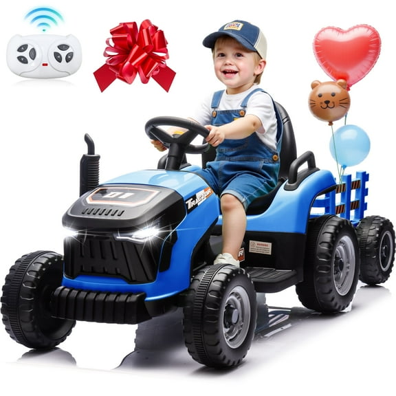 Zukpow 24V Kids Ride on Tractor with Remote Control, Dual Motors Electric Battery Powered Motorized Vehicle w/ Trailer, Bluetooth Music, Outdoor Toys, Blue