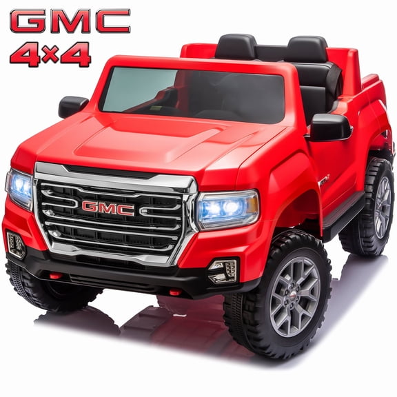 Zukpow Licensed GMC 24 Volt Ride on Toys, 4WD/2WD Switchable Power Car wheels with Remote, Bluetooth, Fold Down Tailgate, Rear Storage, Red