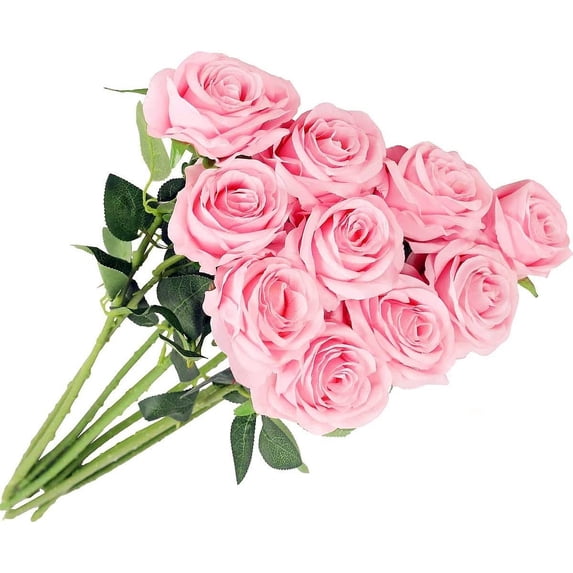 Zukuco 10 PCS Artificial Rose Flower Silk Roses Bouquet with Long Stem Fake for DIY Wedding Party Home Halloween Christmas Decoration (Pink)