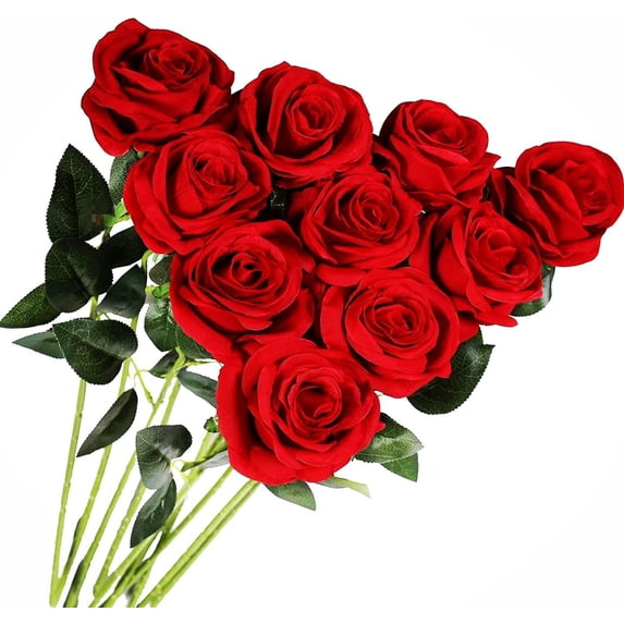 Zukuco 10 PCS Artificial Rose Flower Silk Roses Bouquet with Long Stem Fake for DIY Wedding Party Home Halloween Christmas Decoration (Red)