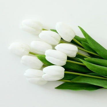 Zukuco 10 PCS Artificial Tulips Flowers Real Touch Faux Pink Tulips Flower for Wedding Bouquet Centerpiece Floral Arrangement Table Decor(White)