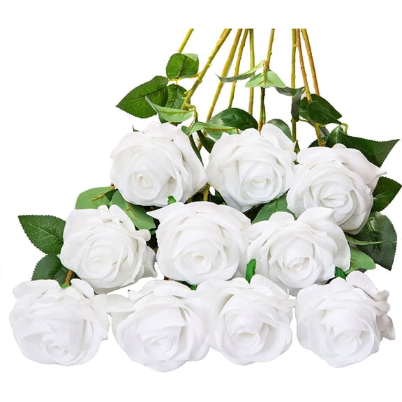 Zukuco 10 Pack Artificial Silk Flowers Faux Rose Flower Long Stems Bouquet for Bridal Arrangement Wedding Centerpiece Party Home Kitchen Decor(White)