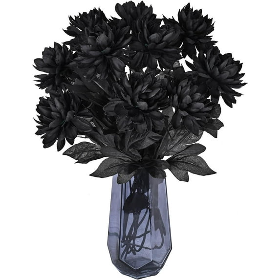 Zukuco 10 Packs Dahlia Artificial Flowers, 15" Black Artificial Dahlia Flowers Silk Flower Bouquet Faux Dahlia Flower with Stems for Table Centerpieces Arrangement Halloween