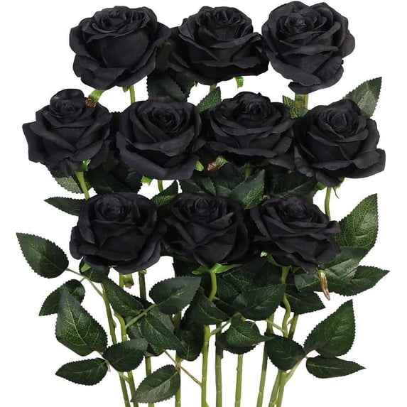 Zukuco 10PCS Artificial Roses Flower Silk Rose with Stem Realistic Artificial Long Stem Rose Valentine's Day Fake Roses Bouquet for Wedding Home Decoration (Black)