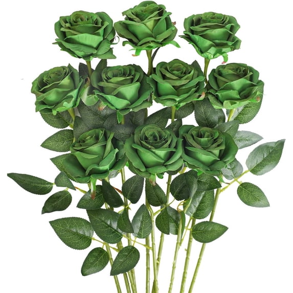 Zukuco 10PCS Artificial Roses Flower Silk Rose with Stem Realistic Artificial Long Stem Rose Valentine's Day Fake Roses Bouquet for Wedding Home Decoration (Green)