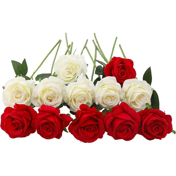 Zukuco 12 PCS Artificial Roses Single Long Stem Silk Blossom Fake Flower for Home Party Wedding Decoration(6 Red+6 White)
