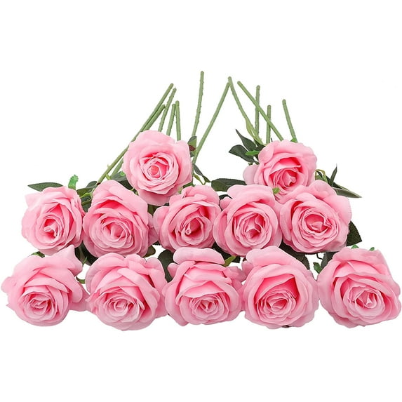 Zukuco 12 PCS Artificial Roses Single Long Stem Silk Blossom Fake Flower for Home Party Wedding Decoration(Pink)