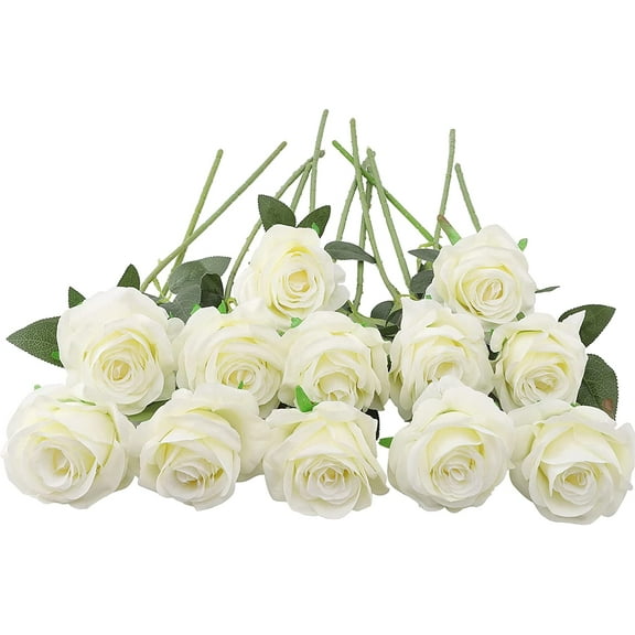 Zukuco 12 PCS Artificial Roses Single Long Stem Silk Blossom Fake Flower for Home Party Wedding Decoration(White)