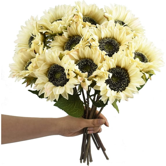 Zukuco 12 Pcs Artificial Sunflower Bouquet Fake Sunflowers with Stems for Wedding Bride Bridesmaid Flowers Bulk for Home Hotel Office Wedding Party Garden décor (Wihte)