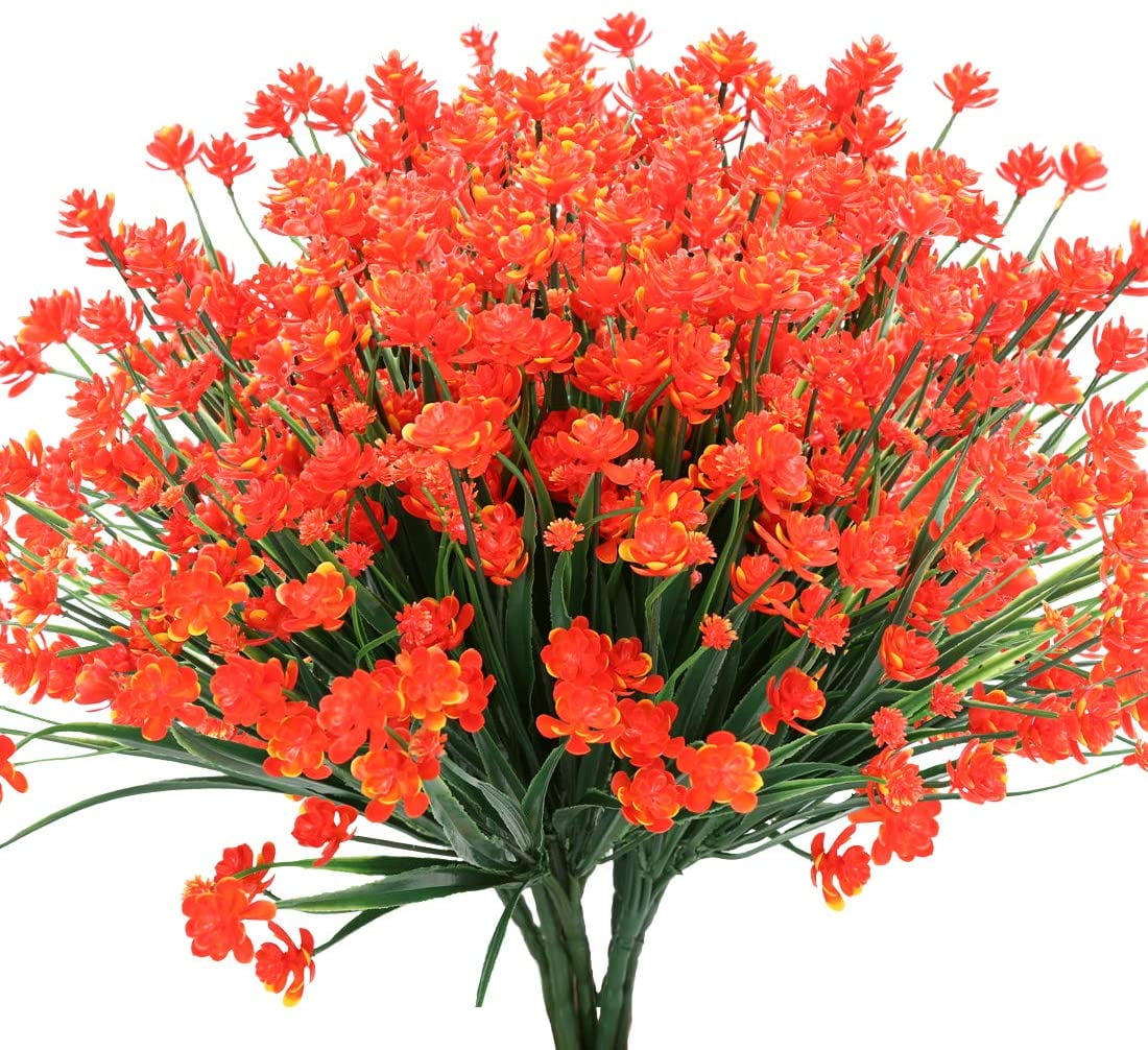 Zukuco 12PCS Artificial Flowers,Fake Greenery Faux Plastic Bushes Fake Shrubs UV Resistant Faux Plastic Plants for Wedding Hanging Bouquet Indoor Outdoor Home Garden Office Vase(Orange Red)