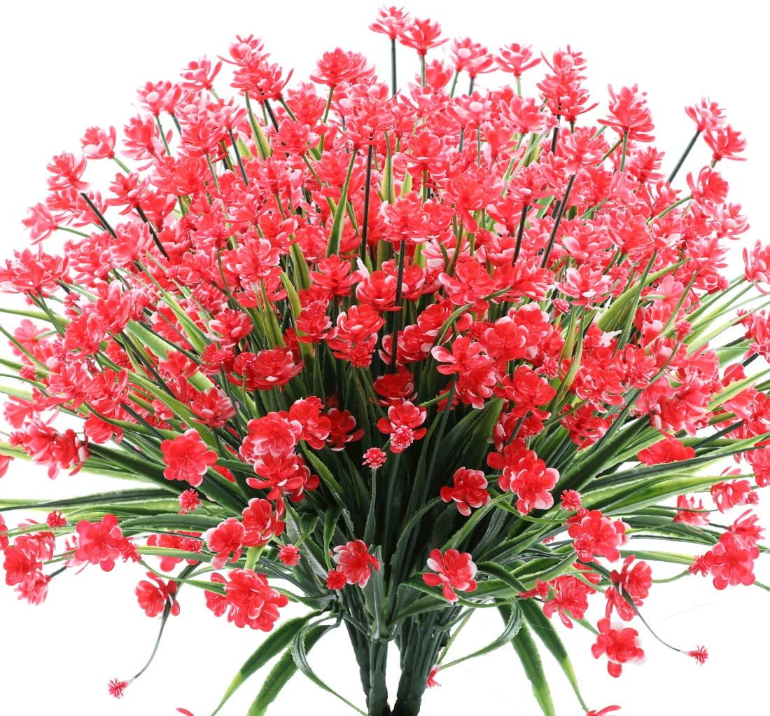 Zukuco 12PCS Artificial Flowers,Fake Greenery Faux Plastic Bushes Fake Shrubs UV Resistant Faux Plastic Plants for Wedding Hanging Bouquet Indoor Outdoor Home Garden Office Vase(Red)