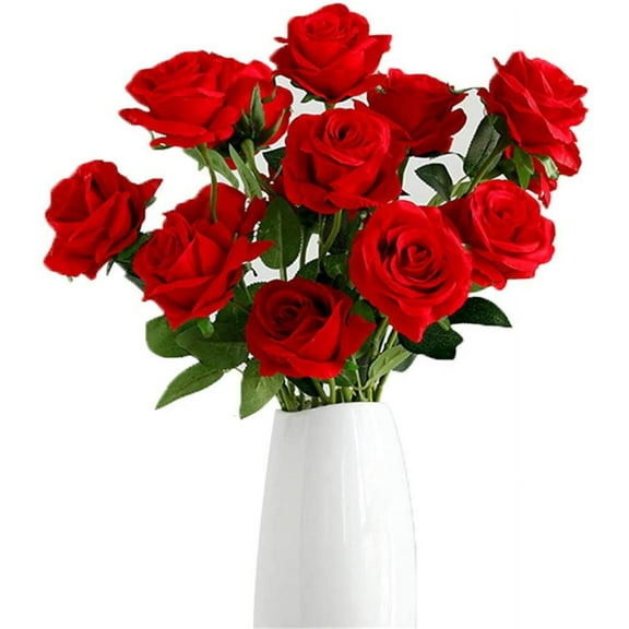 Zukuco 12PCS Artificial Rose Flowers with Long Stem Fake Silk Red Rose Real Touch for Wedding Date Anniversary Mother's Day Decorations