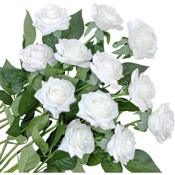 Zukuco 12PCS Artificial Roses Flower Silk Rose with Stem Realistic Artificial Long Stem Fake Roses Bouquet for Wedding Home Party Decoration Event Gift Decoration (White)