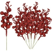 Zukuco 12PCS Christmas Glitter Berries Stems , Foam Artificial Berry Picks Glitter Sprays Artificial Berry Picks Holly Berry Twig for Xmas Tree Decor (Red)