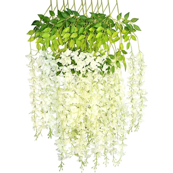 Zukuco 12Pcs Artificial Wisteria Hanging Flower Silk Fake Wisteria Vine Ratta for Spring Wedding Party Anniversary Special Events Home Decorations (White)