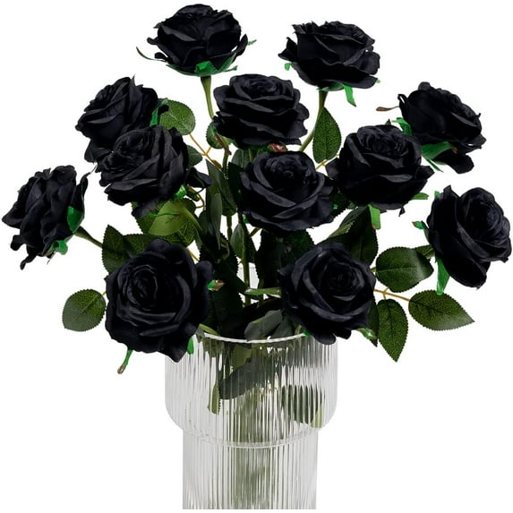 Zukuco 12Pcs Silk Roses Artificial Flowers Realistic Single Stem Flowers Fake Rose Bouquet for Arrangement Wedding Party Office Home Decor (Black)