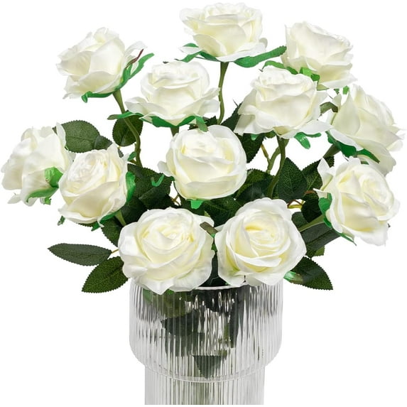 Zukuco 12Pcs Silk Roses Artificial Flowers Realistic Single Stem Flowers Fake Rose Bouquet for Arrangement Wedding Party Office Home Decor (White)