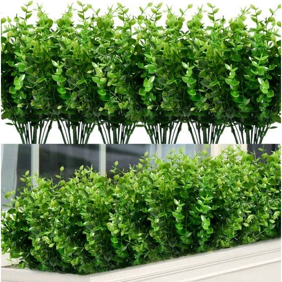 Zukuco 12pcs Artificial Greenery Stems Fake Plants Boxwood Shrubs Faux Plastic Plants Bushes for Home Farmhouse Porch Patio Window Box Garden Decor