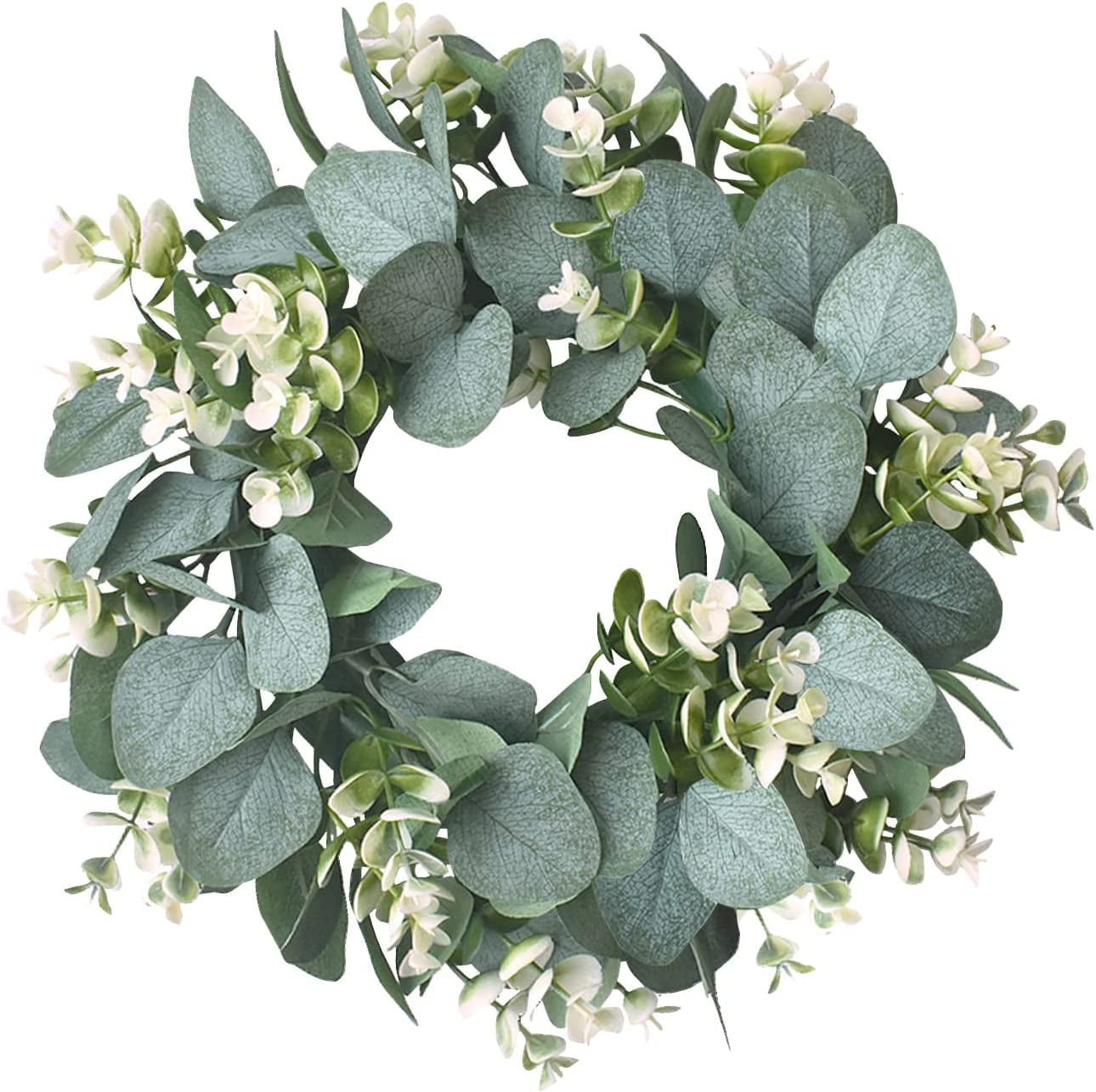 Zukuco 13.8" Artificial Eucalyptus Wreath for Front Door Small Spring Summer Wreath Little Green Leaves Wreath for Farmhouse Festival Celebration Party Home Porch Decor