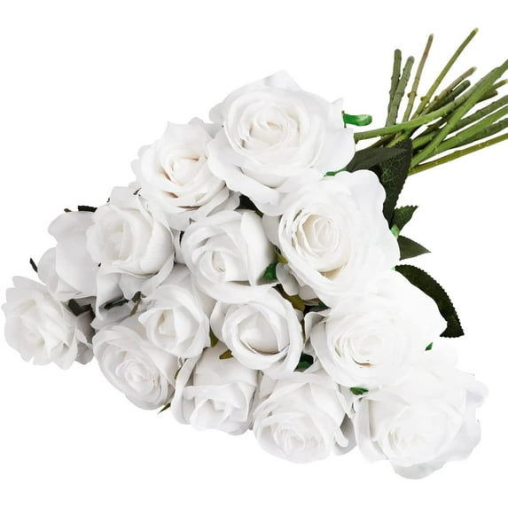 Zukuco 15pcs Artificial Roses with Long Stems Silk White Roses Artificial Flowers for Bridal Bouquet Wedding Party Home Decor (White)