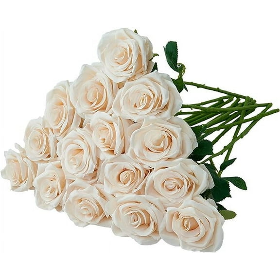 Zukuco 15pcs Champagne Roses Artificial Flowers Silk Fake Flowers Realistic Faux Roses Bouquet Long Stem for Wedding Home Party Birthday Decoration (Champagne)